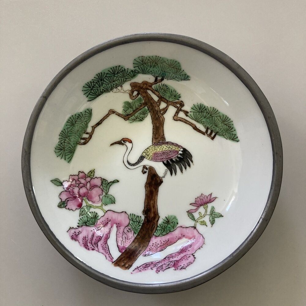 Vintage Japanese Porcelain Ware Crane Bowl Trinket Jewelry Dish Round Boho